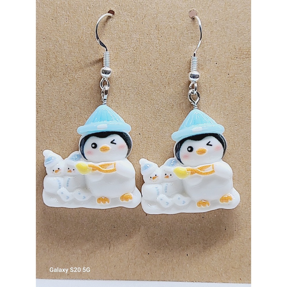Winkingโ Penguin and Snowman Winter Drop Earrings Blue Hat Resin Holiday Jewelry